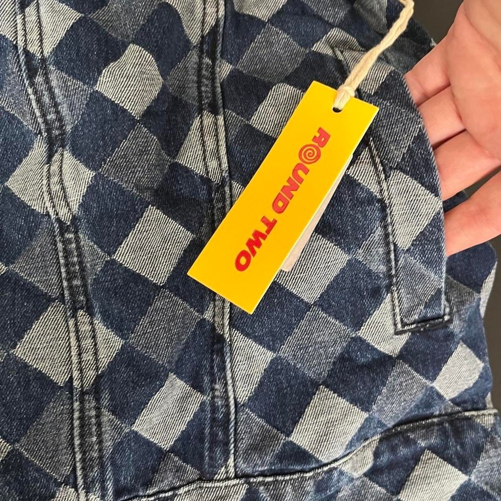Round Two Diamond Checkerboard Denim Trucker Jacket - Picture 5 of 8